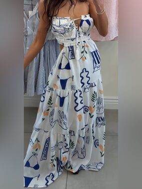 White Tiered Maxi Skirt with Blue & Peach Abstract Print